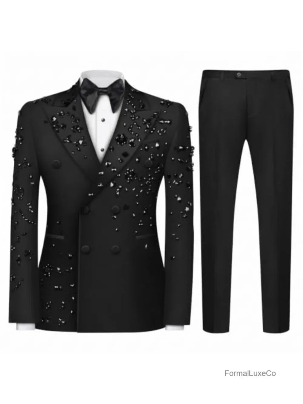 Men's Double Breasted Slim Fit Tuxedo Suit Set with Rhinestone Beading